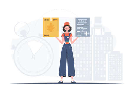 delivery concept. Woman courier delivers a parcel and issues an invoice. trendy style. Vector.のイラスト素材