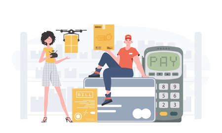 Food and parcel delivery people team. Finished banner. trendy flat style. Vector.のイラスト素材