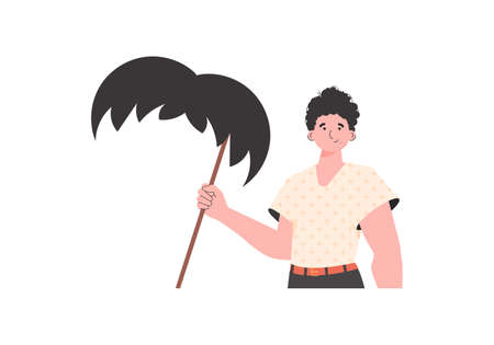 A man holds a mustache on a stick. trendy style. isolated. vector illustration.