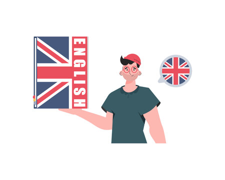 A man holds an English dictionary in his hands. The concept of teaching English. isolated. trendy style. Vector.のイラスト素材