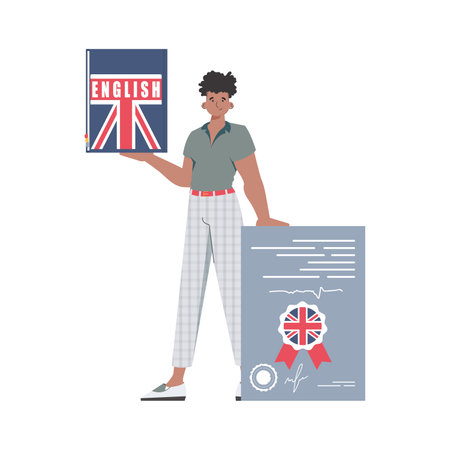 A man holds an English dictionary and a certificate in his hands. The concept of learning English. isolated. Flat modern style. vector illustration.のイラスト素材