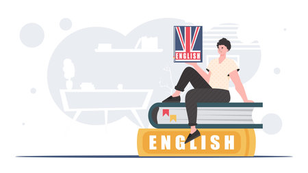 The concept of learning English. A man sits on books and holds an English dictionary in his hands. trendy cartoon style. vector illustration.のイラスト素材