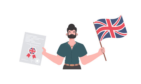 Male teacher shows that it's time to learn English. The concept of learning English. isolated. trendy cartoon style. Vector.のイラスト素材