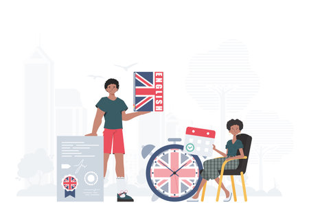 The concept of teaching English. English language team. trendy style. Vector.のイラスト素材