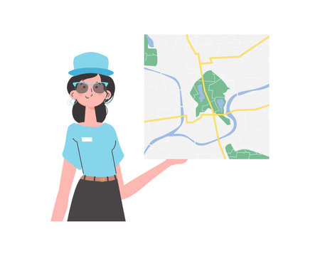 The girl is holding a map. Cartoon style character is depicted to the waist. isolated. Vector.のイラスト素材
