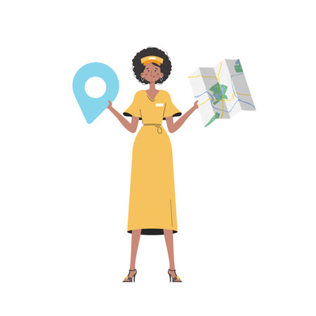 Girl water delivery operator holding a map. Stylish character is depicted in full growth. Isolated on white background. Vector illustration.のイラスト素材