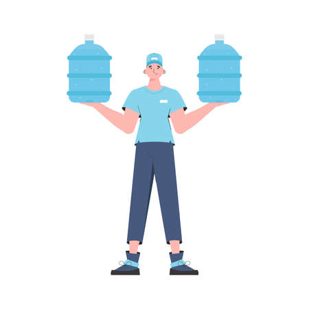 Water delivery concept. The man is holding a large water bottle. The character is depicted in full growth. Isolated on white background. Vector.のイラスト素材