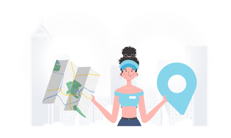 The girl is holding a map. Cartoon style character is depicted to the waist. vector illustration.のイラスト素材