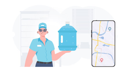 A man is holding a bottle of water. delivery concept. The trendy character is shown to the waist. Vector.のイラスト素材