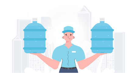 A man is holding a bottle of water. delivery concept. The trendy character is shown to the waist. vector illustration.のイラスト素材