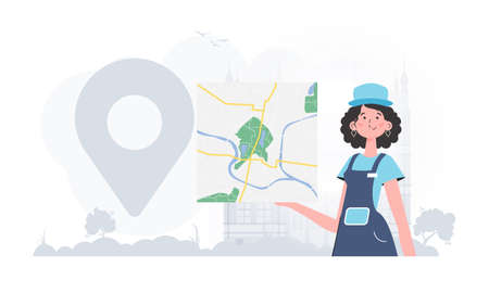 delivery concept. The girl is holding a map. The stylish character is depicted to the waist. Vector.のイラスト素材