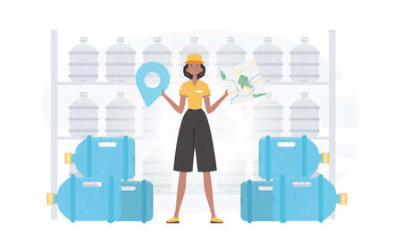 Girl water delivery operator holding a map. The character is depicted in full growth. Vector.のイラスト素材
