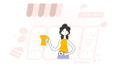 barista girl. Trendy style line art. vector illustration.のイラスト素材