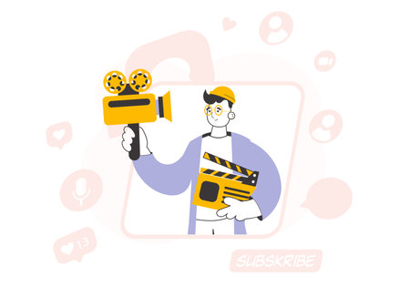 Trendy style line art. male blogger. Video blogging and podcast concept. vector illustration.のイラスト素材