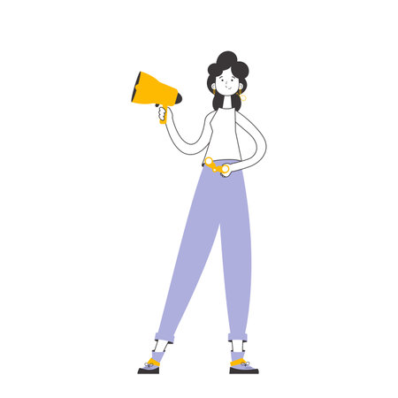 A woman holds a bullhorn and binoculars in her hands. Job Search Theme. HR Linear modern style. isolated. Vector.のイラスト素材