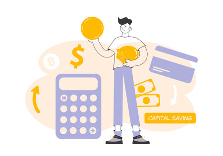 A man holds a coin and a piggy bank in his hands. The theme of saving money. Linear modern style.のイラスト素材