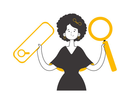 The girl is holding a magnifying glass in her hands. search concept. line art style. isolated. Vector.のイラスト素材