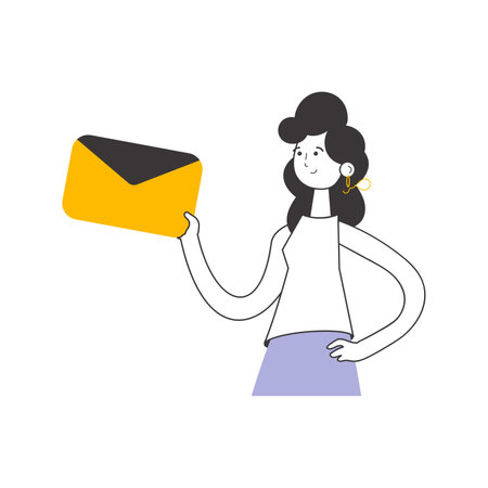 The girl is holding an envelope or a letter in her hands. Linear trendy style. isolated. vector illustration.のイラスト素材