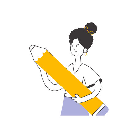 The girl is holding a pencil in her hands. Linear trendy style. isolated on white background. vector illustration.のイラスト素材