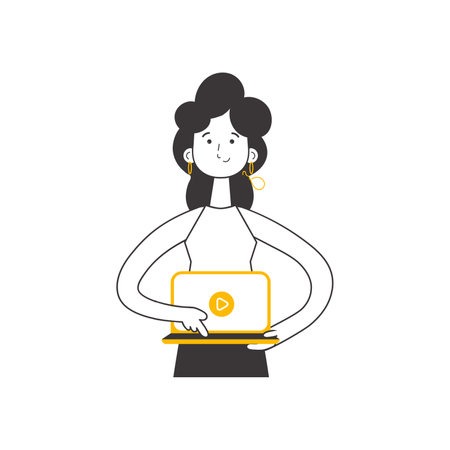 Girl Holds a laptop and presses play. line art style. vector illustration.のイラスト素材