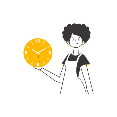 The girl is holding a watch in her hands. Time management concept. Lineart. isolated. vector illustration.のイラスト素材