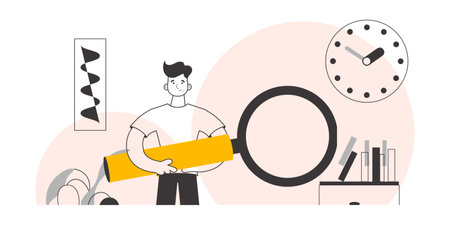 A man holds a magnifying glass in his hands. Linear trendy style. vector illustration.のイラスト素材