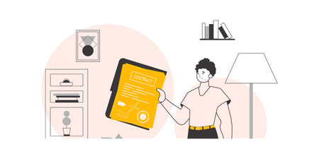 The guy is holding a contract in his hands. minimalist linear style. vector illustration.のイラスト素材