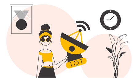 A woman holds the internet of things logo in her hands. Linear trendy style. Vector.のイラスト素材