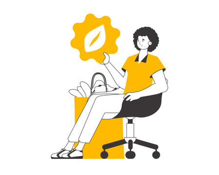 Boy, package with products and eco logo. The concept of ecological products. Linear modern style. isolated on white background. vector illustration.のイラスト素材