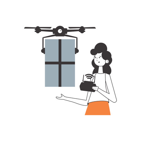 The girl delivers the package by drone. The concept of cargo delivery by air. Linear style. isolated on white background. vector illustration.のイラスト素材