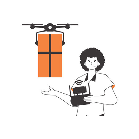 A man delivers a package by drone. The concept of cargo delivery by air. minimalist linear style. isolated on white background. vector illustration.のイラスト素材