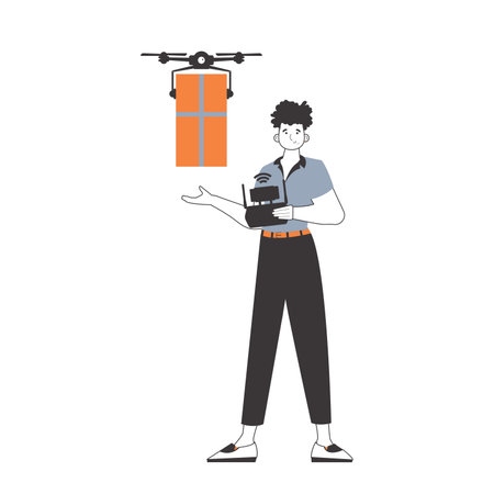 A man delivers a package by drone. The concept of cargo delivery by air. Linear modern style. isolated on white background. vector illustration.のイラスト素材