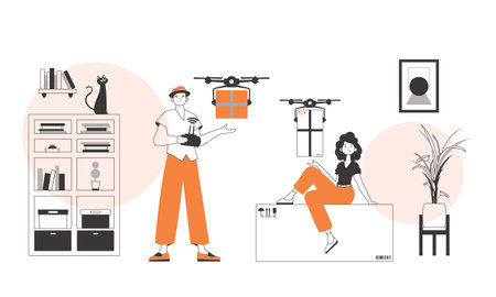 A man and a woman, the team delivers the package by drone. Air delivery concept. Linear trendy style.のイラスト素材
