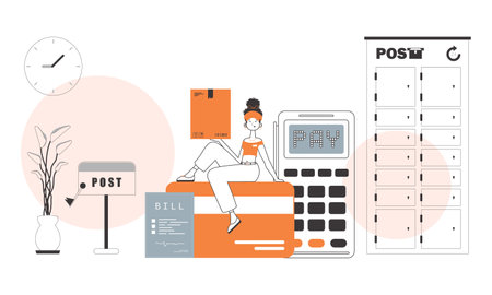 A woman sits on a bank card and holds a parcel. The concept of the delivery of goods and parcels. Linear modern style.のイラスト素材