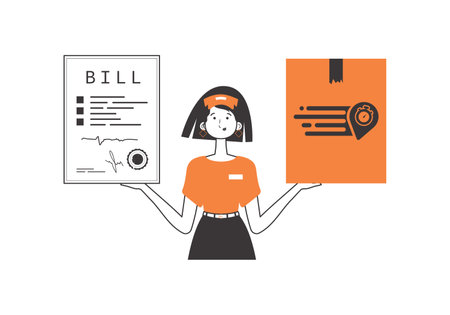 The girl holds a parcel and a check in her hands. delivery concept. Linear trendy style. isolated on white background. vector illustration.のイラスト素材