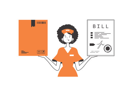 The girl holds a parcel and a check in her hands. Parcel delivery concept. Linear trendy style. isolated on white background. vector illustration.のイラスト素材