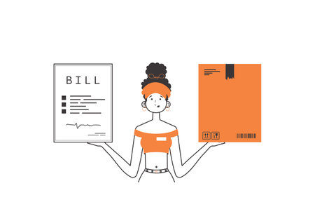 The girl holds a parcel and a check in her hands. The concept of the delivery of goods and parcels. Linear trendy style. isolated on white background. vector illustration.のイラスト素材