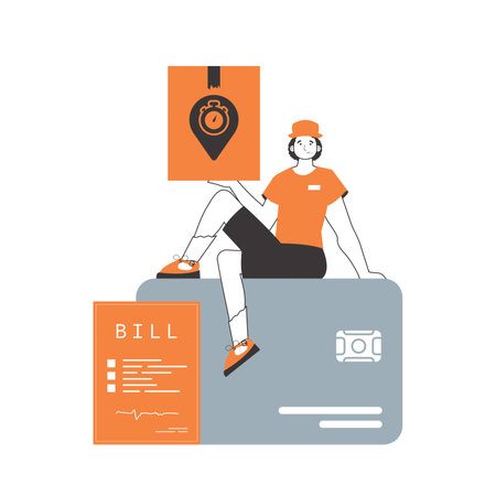 The guy is sitting on a bank card and holding a parcel. Parcel delivery concept. Linear style. isolated on white background. vector illustration.のイラスト素材