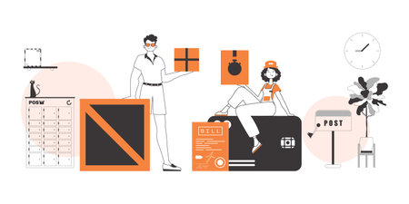 Team for the delivery of parcels and cargo. line art style.のイラスト素材