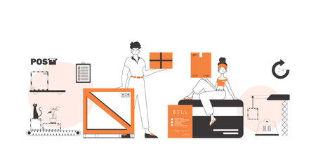 Girl and guy delivers parcels. Linear trendy style.のイラスト素材