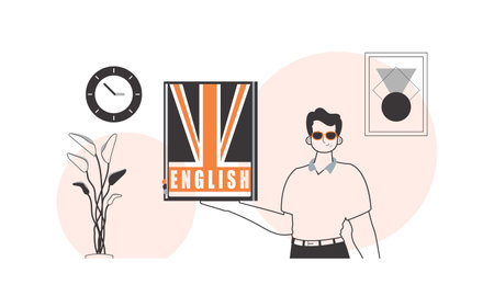 Male English teacher. The concept of learning English. Linear modern style.
