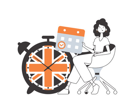 A woman helps teach English. The concept of learning a foreign language. Line art modern style. Isolated, vector illustration.のイラスト素材