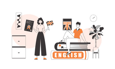 Girl and guy English teacher. The concept of learning a foreign language. Linear trendy style.のイラスト素材