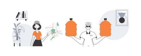Water delivery concept. A girl and a guy deliver water to the office. line art style.のイラスト素材