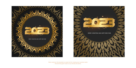 Happy 2023 new year greeting banner. golden pattern on black.