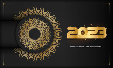 Happy New Year 2023 holiday banner. golden pattern on black.のイラスト素材