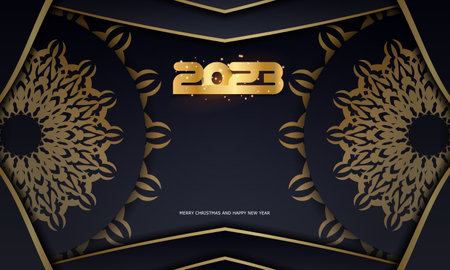 Happy New Year 2023 holiday banner. golden pattern on black.