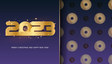 Happy new year 2023 holiday background. Blue and gold color.