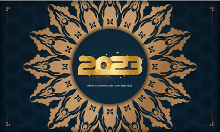 Happy New Year 2023 festive postcard. Golden pattern on Blue.