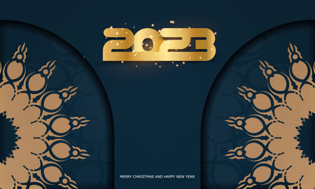 2023 happy new year greeting poster. Blue and gold color.